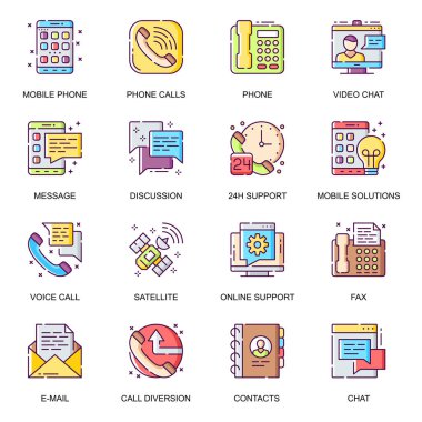 Düz simgeler oluşturuldu. Video sohbet, 24 saat çevrimiçi destek, mesajlaşma ve tartışma, cep telefonu, cep telefonu için saptırma hattı Pictogram. İnsanlar teknoloji vektör paketine bağlanır