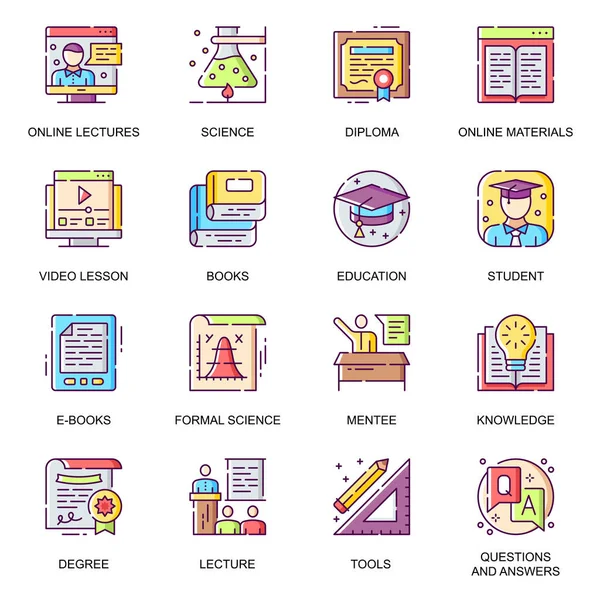 Conjunto Iconos Planos Educación Moderna Ciencia Formal Conferencias Materiales Línea — Archivo Imágenes Vectoriales