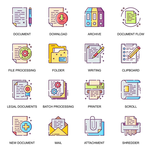 İş belgeleri düz simgeler ayarlandı. Çoklu işlem, yasal belgeler, arşiv, dosya indirme, kağıt öğütücü, mobil uygulama için posta ekleme hattı resimtogramları. Kağıt işleri ve belgelendirme vektör paketi.