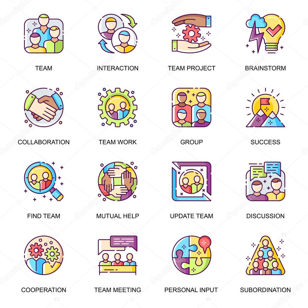 Teamwork flat icons set. Team meeting, personal input, mutual help, work team collaboration and brainstorming line pictograms for mobile app. Corporate relationship and partnership vector icon pack.