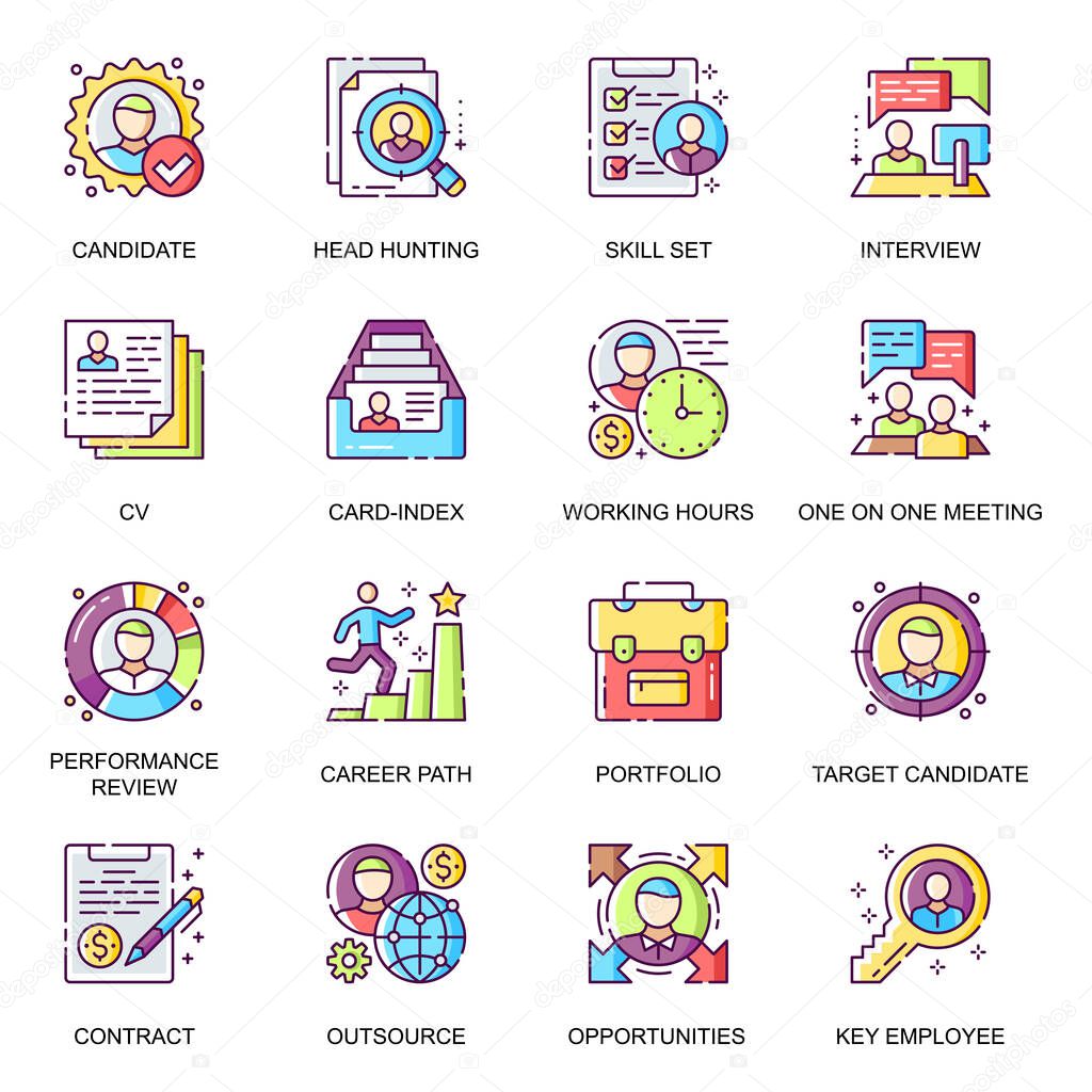 Head Hunting flat icons set. Candidate interview, career path, performance review, portfolio and skills, target candidate line pictograms for mobile app. Human resource management vector icon pack.