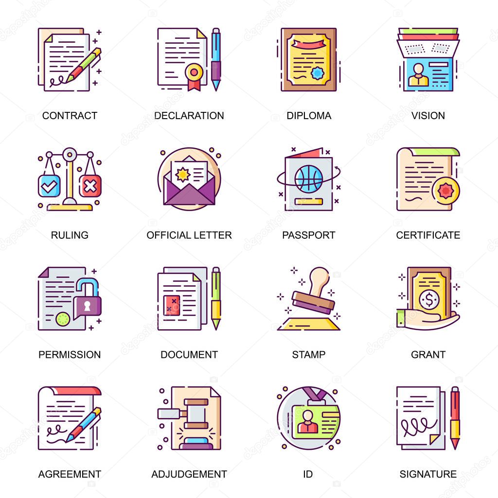 Legal documents flat icons set. Contact, agreement, declaration, diploma, certificate, official letter, passport and grant line pictograms for mobile app. Paperwork and documentation vector icon pack.