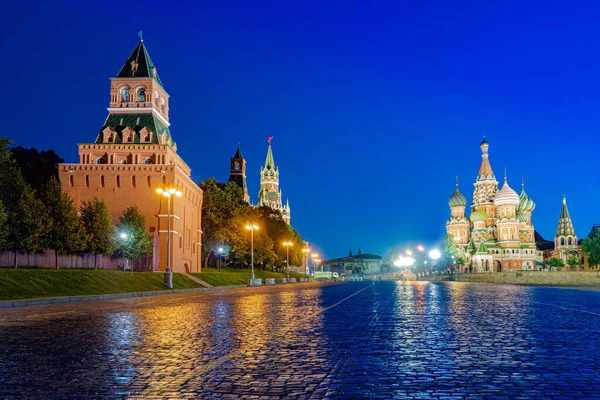 Moscow Russia. Panorama of Red Square. Kremlin towers. St. Basil\'s Cathedral. Spasskaya tower against the night sky. Symbols of Moscow. Tours of the temples of Russia. Russia old. Night square