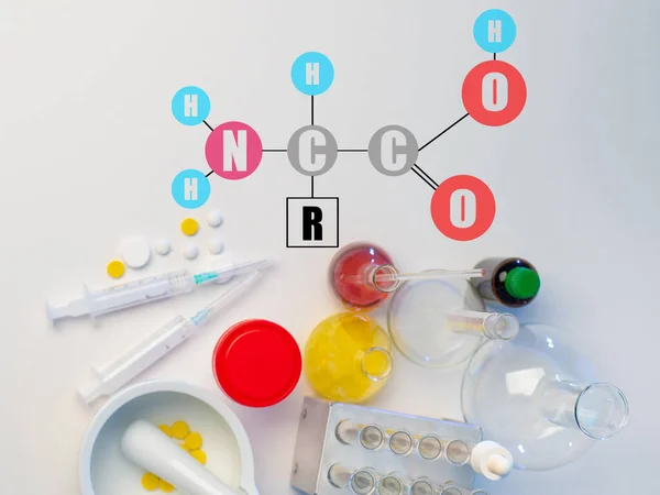 Amino Acid Formula. A chemist is developing drugs. Research on Amino Acids. Medicines on the table. Medical research.