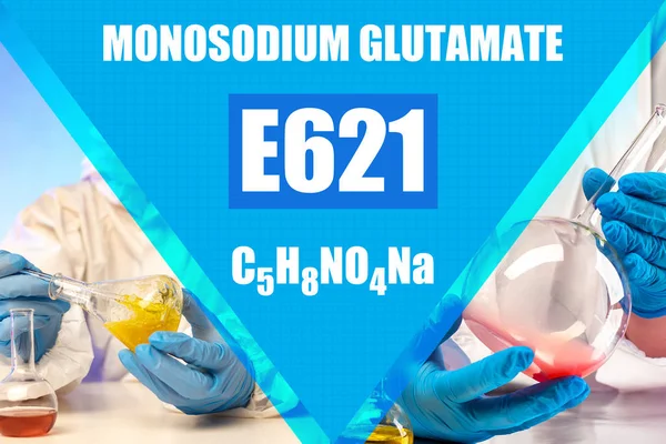 Glutamate Sodium. E621 on a blue background. Glutamic acid. MSG. Concept - production flavor enhancers. Use of monosodium glutamate in cooking. people with test tubes in their hands.