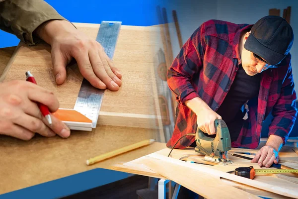 Carpentry in the workshop. Training in the carpenter's profession. Technologies for working with wood. A man marks and saws wooden blanks. Production of furniture in the workshop.