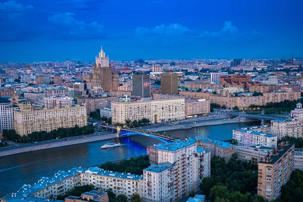 Russia. Moscow skyline. Tour of the Moscow River.Embankment of Moscow river top view. Center of the capital of Russia. Traveling in Russia. Bridges of the capital. Buildings Russian Capital.