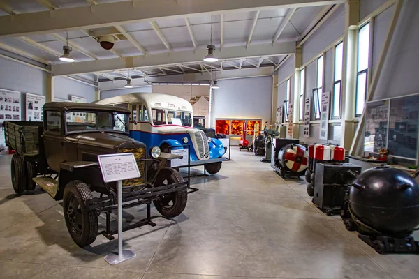 Saint Petersburg. Russia. The Village Of Osinovets. Museum Road of life. Lake Ladoga. Second world war. Siege of Leningrad. Vehicles of world war 2. Truck and bus in the Museum hall. 16.08.2018 — Stock Image Saint Petersburg. Russia. The Village Of Osinovets. Museum Road of life. Lake Ladoga. Second world war. Siege of Leningrad. Vehicles of world war 2. Truck and bus in the Museum hall. 16.08.2018 Royalty Free Stock Photos