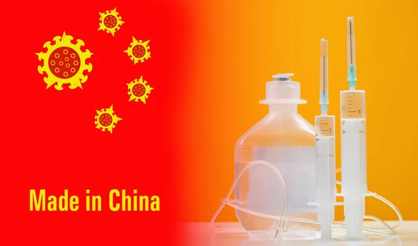 The flag of China is stylized as coronavirus molecules, the inscription Made in China and syringes with vaccines. 2019-nCoV. Spread of the virus from PRC to other countries. Antiviral vaccines.