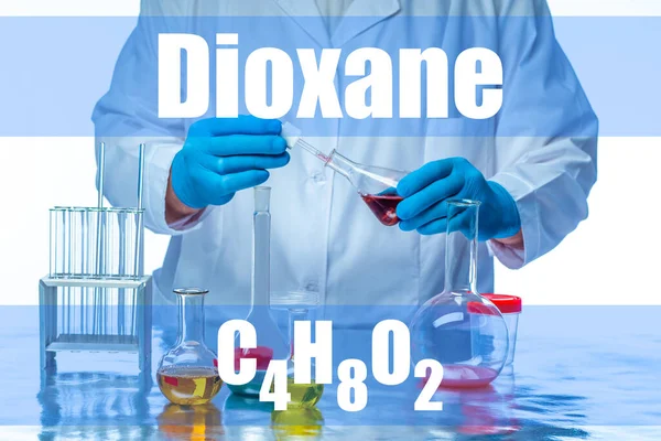 Cyclic simple ether. Dioxane. Cyclic chemical compounds. Precautions for experiments with dioxane. The chemical liquid. The variety of chemical substances. Hazardous substance.