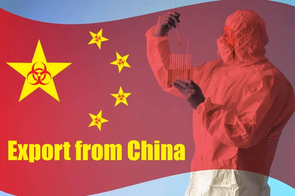 The stars of the Chinese flag are combined with biohazard signs. Stylized flag of China and yellow inscription Export from China on the background of a chemist in a protective suit.