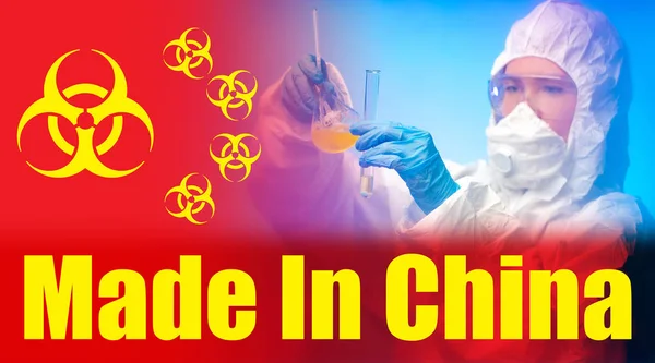 Stylized Chinese flag with biohazard signs and yellow lettering Made in China. Flag of the PRC and a medic with test tubes in his hands. Development of a vaccine against Chinese coronavirus.2019-nCoV.