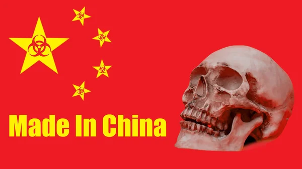 The flag of China is stylized as biohazard signs. Skull and PRC flag with the inscription Made in China. Origin of the coronavirus from the Republic of China. 2019-nCoV. Deadly virus from Wuhan.