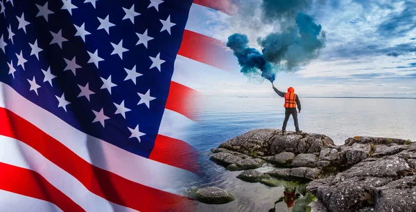 Emblem of salvation. A man with a smoke bomb in his hands calls for help. Saving the United States economy. Call for help. Overcoming the economic crisis in the United States.