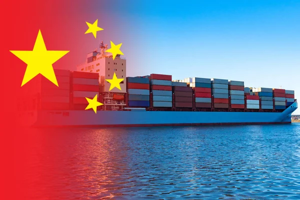 Container ship on the background of the Chinese flag. Shipping companies in China. Sea transportation by ships of the Republic of China. Chinese logistics companies.