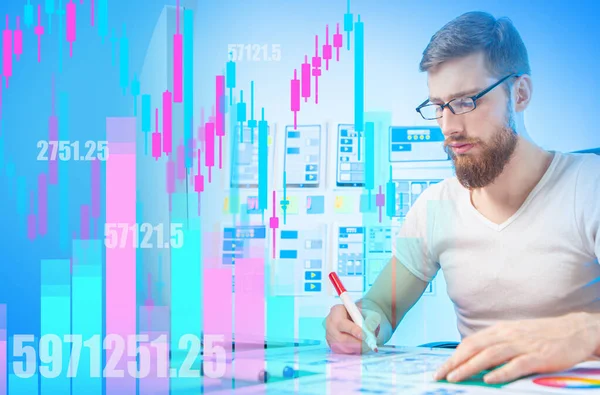 Fluctuations in stock prices on the stock exchange. The decline in stock prices. Financial analyst on the background of charts. Preparation of exchange forecasts. Securities market.