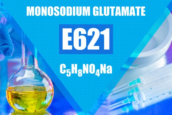 Glutamate Sodium. E621. C5H8NO4HA. Syringes and test tube next to the glutamate formula. food production. Food supplement production E621. Amplifiers of taste. Taste seasoning. Food chemistry
