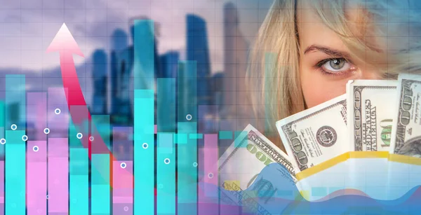 The growth in property prices. Revenue growth in US dollars. The girl looks at the camera and shows dollars against the background of arrows and charts.