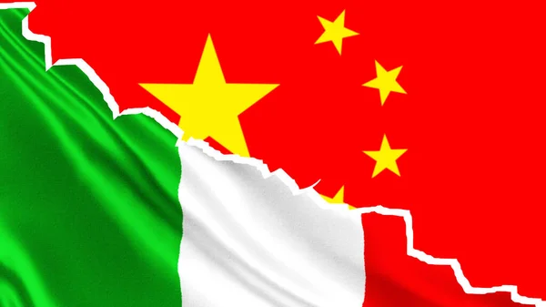 Flags of Italy and China. International relations with Italy. PRC flag. People\'s Republic of China. Diplomatic relations between China and Italy. Politics. Geopolitics.