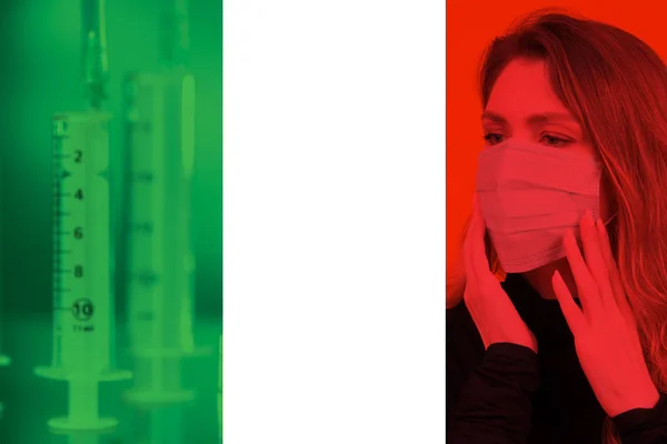 Girl on the background of the Italian flag. Italian looks frightened at syringes. Concept - hope medetsine. Girl hopes that they will find elation. Concept - infected with a virus in a gauze bandage