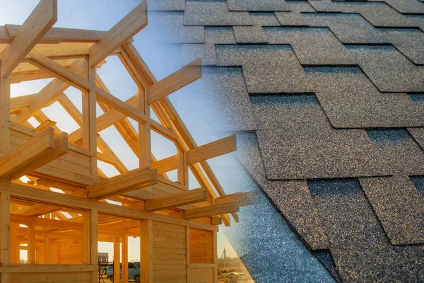 Types of roofing materials. Frame of a wooden house and soft roof tiles. Construction of a country house. Work on the construction of the roof of the building.