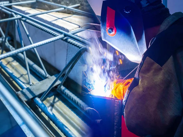 Welder is working in a protective mask. Work with welding during the construction of a house. Welder connects the reinforcement to the foundation. Work with welding. Private house construction.