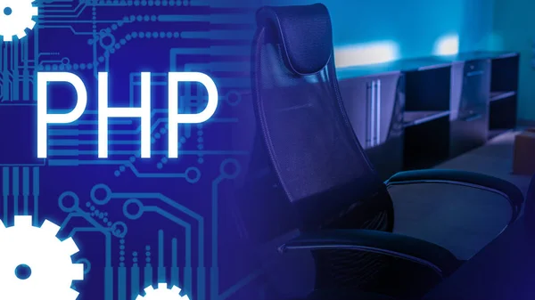 Technical background and PHP inscription on the background of an empty office chair. Computer language. PHP scripting language. Hypertext Preprocessor. Interpreted programming language.