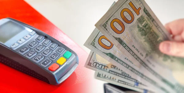 Method of payment. Cash payments or non-cash payments. Dollars and the payment terminal. Different calculation options. Non-cash transfer of money or paper bills handover.