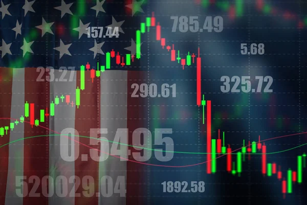 Chart of price fluctuations on the background of the American flag.Trading on the new York stock exchange. Changing the values of us stock indexes. NASDAQ. NYSE Composite. Dow Jones industrial average