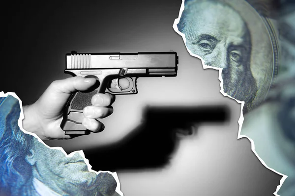 U.S. dollar. A man with a gun is aiming at Franklin. The concept is the killer of the United States economy. Federal Reserve Systems. The destruction of the financial system. Weapons Murder.