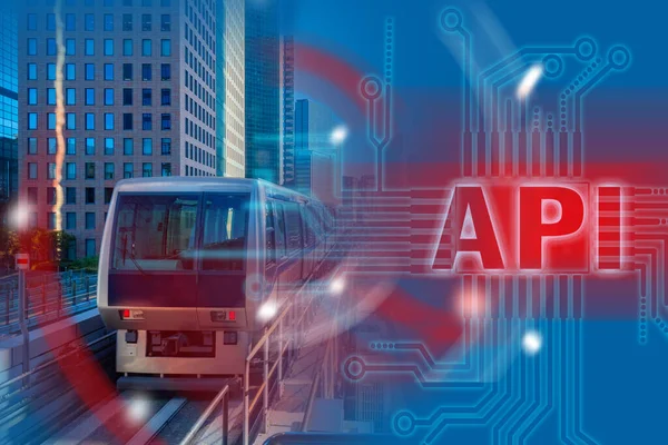 High-speed train next to the API logo. Concept - interface API speed. Creating an API for a railroad site. Integration of railway services. Application programming interface. Information Technology