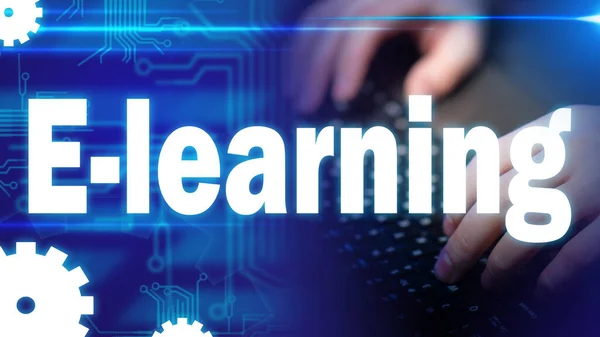 E-learning. The logo of distance learning. Man\'s hands on the keyboard. PCB drawing as a symbol of IT. Gears. Concept - online school. Concept - passing programming courses. Computer science