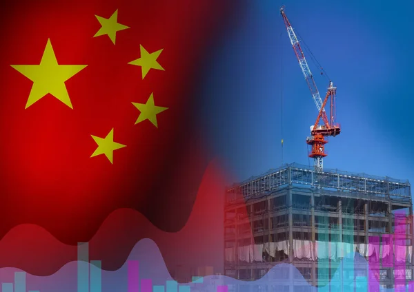 Real estate construction in China. A crane is building a multi-story building. Chinese flag next to an unfinished skyscraper. Concept - work as a builder in China. Concept - value of real estate