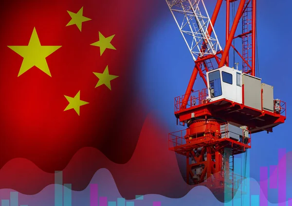 Crane cabin on sky background. Construction in China. Construction crane on the background of blue sky. The growth in construction in China. Flag of China. Housing construction. Manager\'s cabin