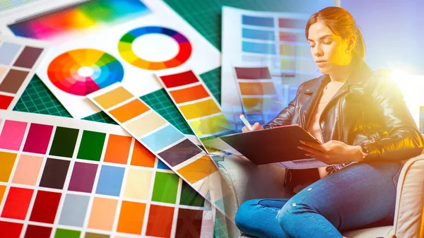 Girl designer. Woman designer works in a comfortable chair. A color palette next to a working woman. Concept - work as a designer. Color selection. Woman creates a mockup on paper. Paint