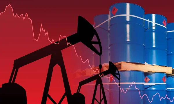 Oil production. Falling charts next to the towers. Oilfield pumps. Decreased production. Reduced petroleum production. The fall in oil prices. Blue barrels as a symbol of oil products.