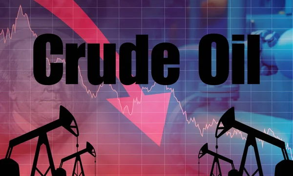 Decline in crude oil prices. Drop in hydrocarbon prices. Logo oil on the background of pumps. The graph shows a decrease in value. The fall in income from imports of petroleum products. OPEC