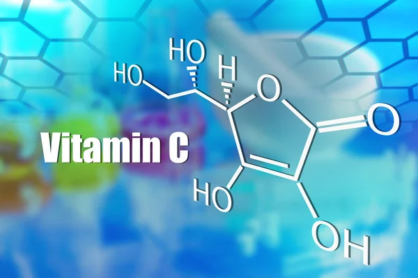 Molecular formula and the inscription vitamin C on a blue background. Vitamin supplement. Use of vitamin C for colds. Sources of vitamin C. Ascorbic acid and its use in the food industry.
