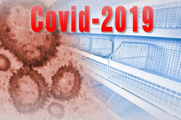Empty counters during the Covid epidemic. Coronavirus led to the disappearance of foods. Food disappeared from stores. Empty shelves in a supermarket next to bacteria. Defecits due to covid 2019