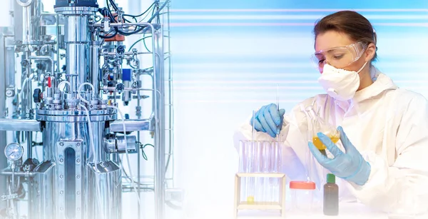 Bioreactor Production of drugs. Lab technician creates medicines. Microbiology. Medic is studying the process of biosynthesis. Biology. Doctor creates a vaccine. Pharmacology Woman at the honey lab