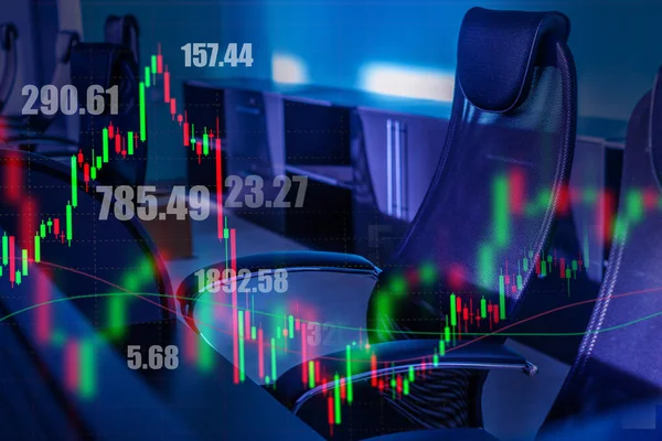 Stock quotes and charts on the background of office furniture. Work of a stock broker. The offer of services of the trader. Transactions on the securities market. Stock market. Financial advisory