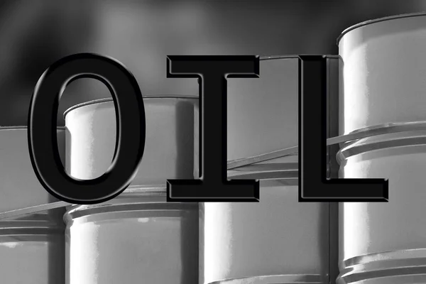 Oil. Oil logo on the background of barrels. Barrels of gasoline are nearby. Concept- oil refining products. Out of color. Concept - Reducing the level of gasoline consumption. Black and white color