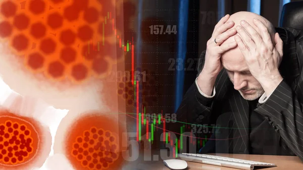 Investor next to virus molecules. Upset Boss. Concept - director of the company learned about the fall in shares. Fall in stock prices. Quarantine loss. Concept - virus has triggered a panic brokers