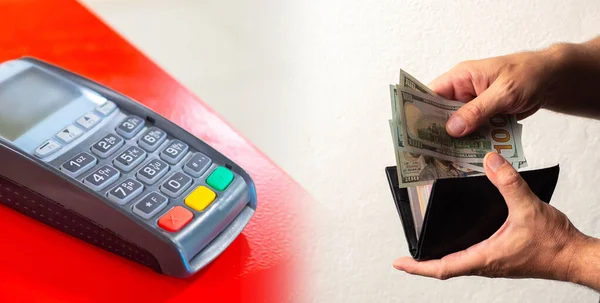 A person puts money in his wallet against the background of the payment terminal. Balance between spending and saving. Rational consumer behavior. Human financial strategy.