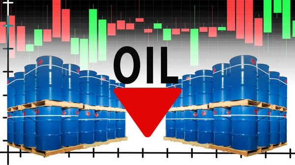Fall in petrolium prices. Chart. Logo oil and down arrow. Decrease in the cost of petrolium. Drop in oil revenues. Decrease in income from export of petrolium products. Oil Profits Fall. Blue barrels