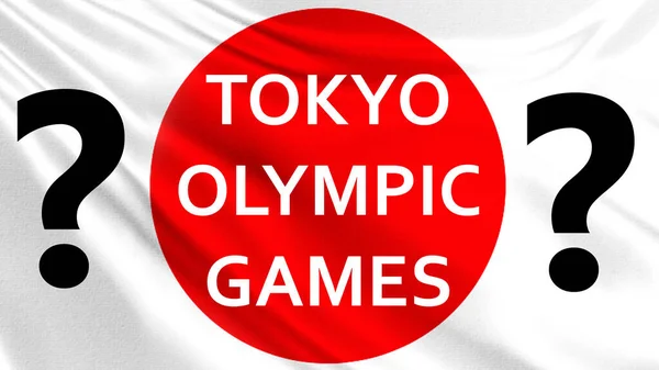 Japan. Lettering Tokyo Olympic Games. Concept - issue of the Olympics. Olympics in Tokyo during quarantine. Transfer of tapes of the Olympiad in connection with the virus. Question marks. Japan flag