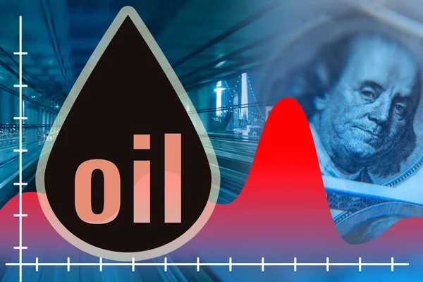 Oil logo next to graphs. Concept - oil refining industry. The inscription oil is on the red diagram. Franklin. The concept is petrolium price monitoring. Shares of petrolium refineries. Cost. Price