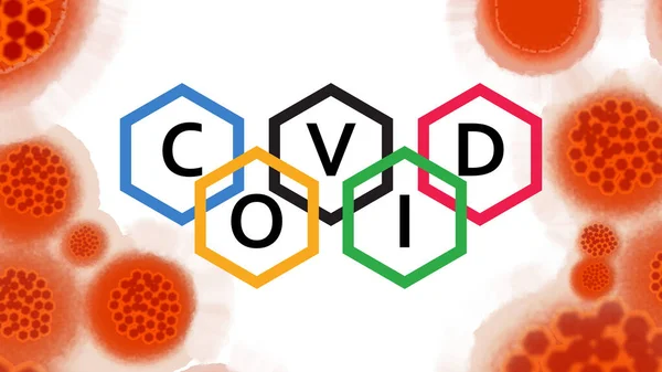 Covid molecules next to the olympiad logo. Logo of the olympic games on a white background. Concept - virus threatens the Olympic Games. Fever. Concept - transfer of the Olympics due to pandemic