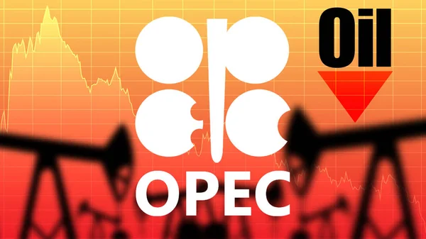 Silhouettes of oil pumps on a red background. OPEC logo next to falling charts. Red color as a symbol of the crisis in regrowth. Concept - OPEC inefficiency. Falling prices. Crude oil cost reduction