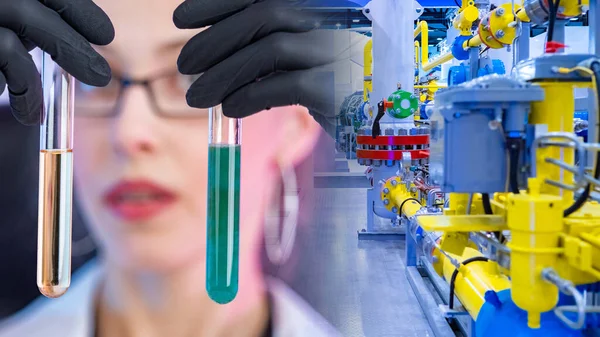 The girl compares chemical liquids in test tubes against the background of production equipment. Quality control of raw materials for chemical production. Work of a chemist at the enterprise.